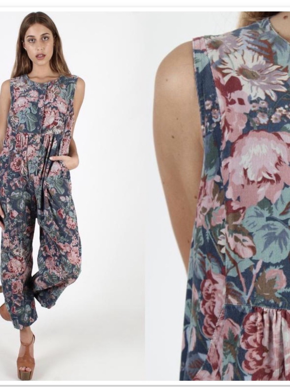 Vintage Laura Ashley jumpsuit floral corduroy blue floral size small - Picture 11 of 11